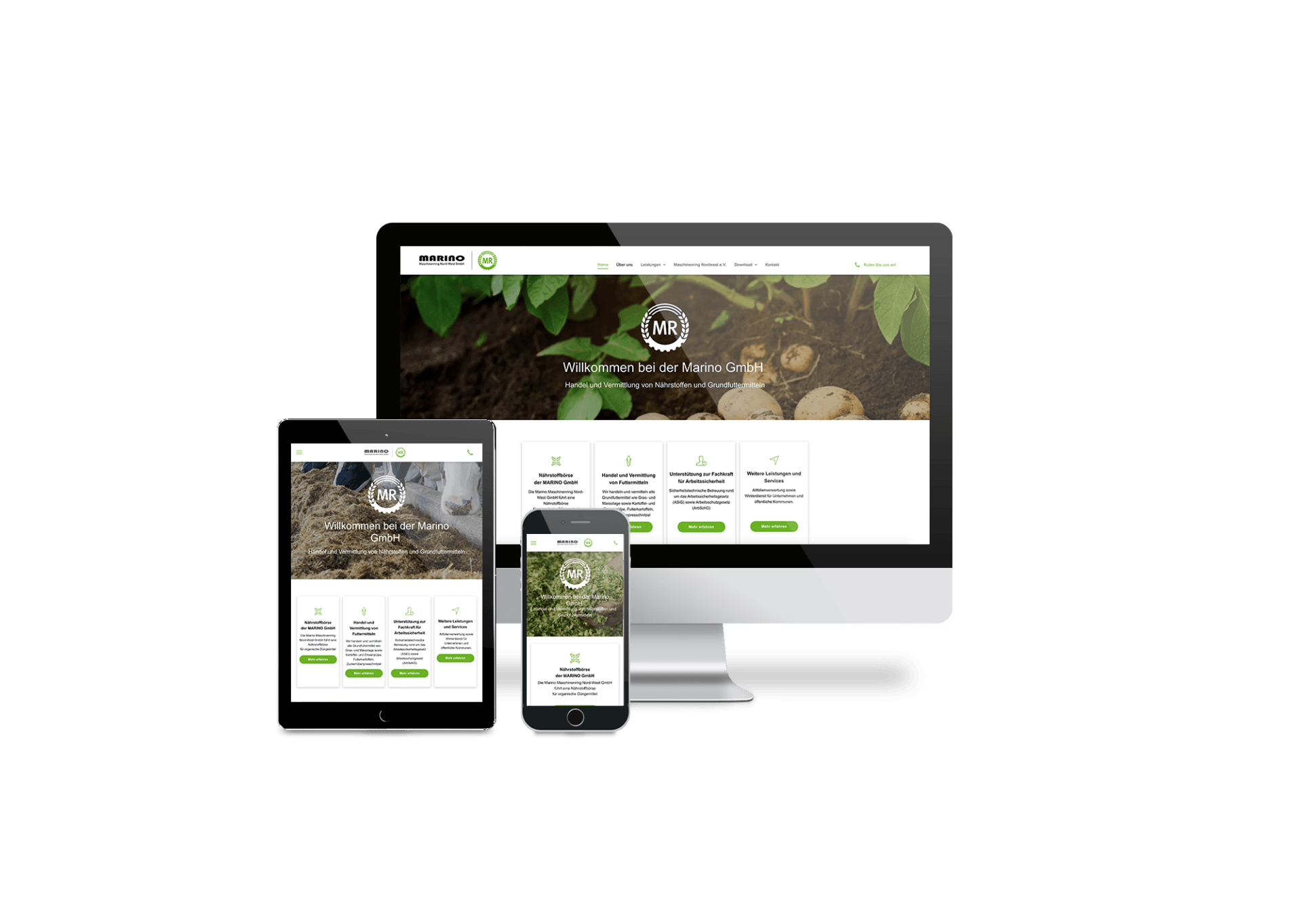 Ein Computer, ein Tablet und ein Mobiltelefon auf einem weißen Hintergrund.