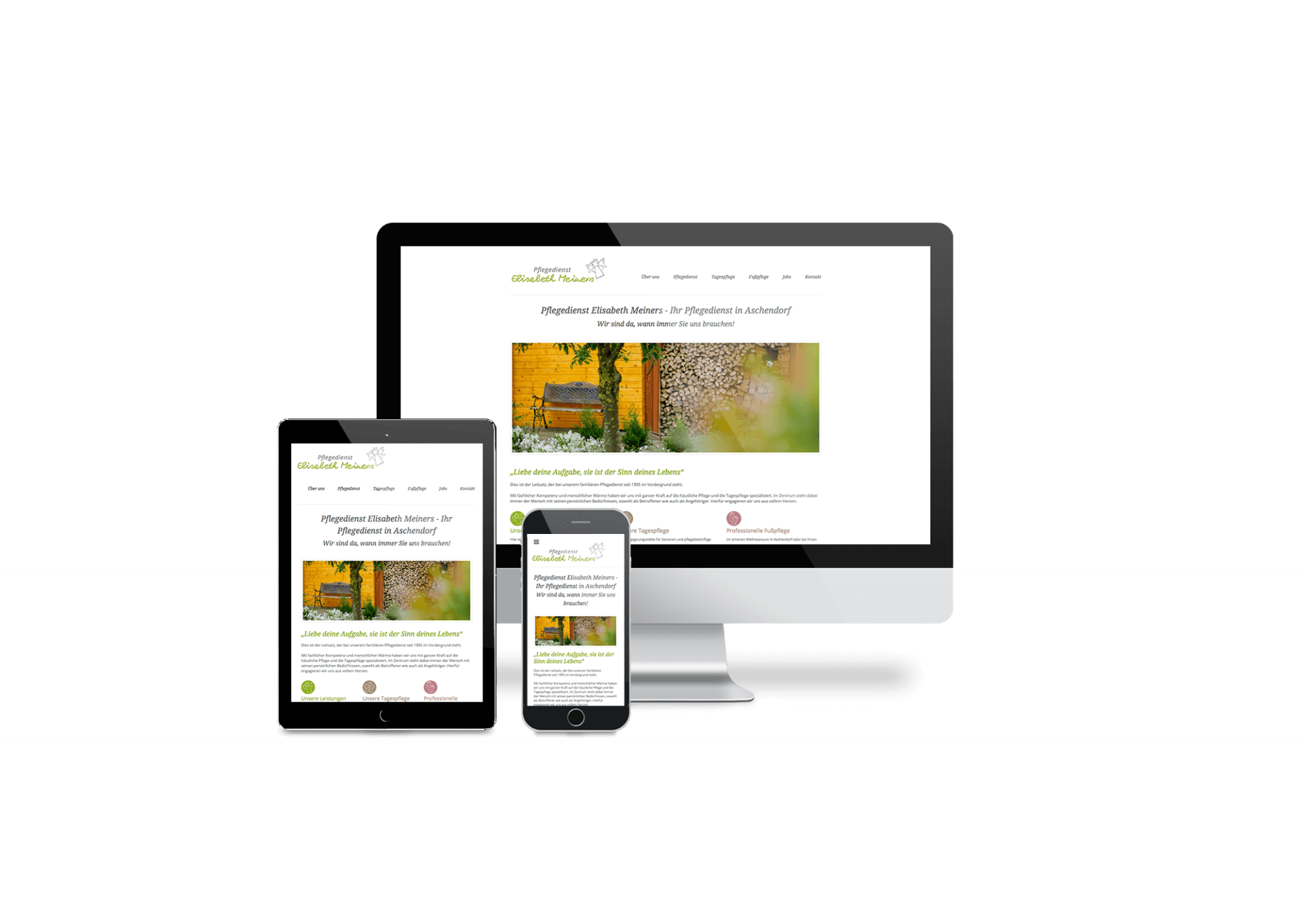 Ein Computer, ein Tablet und ein Mobiltelefon auf einem weißen Hintergrund.