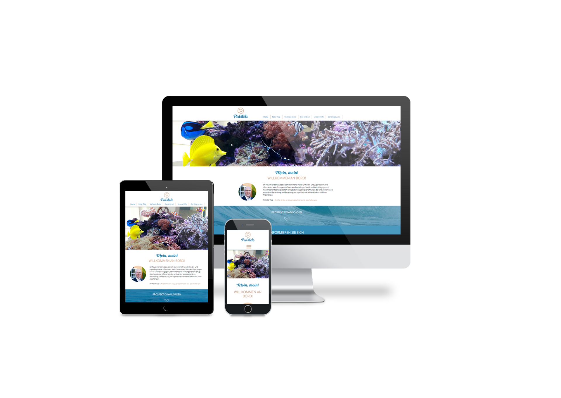 Ein Computer, ein Tablet und ein Mobiltelefon, auf dem eine Website angezeigt wird.
