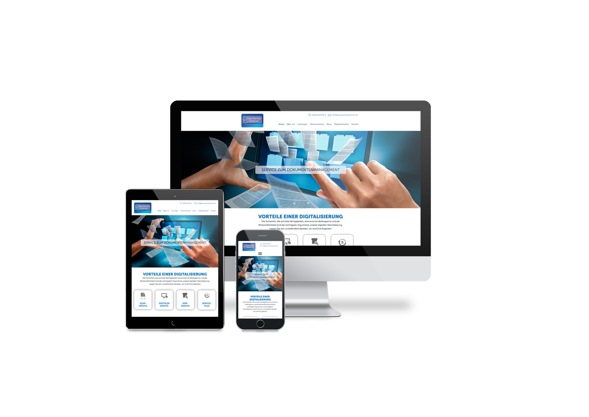 Ein Computer, ein Tablet und ein Mobiltelefon, auf dem eine Website angezeigt wird.