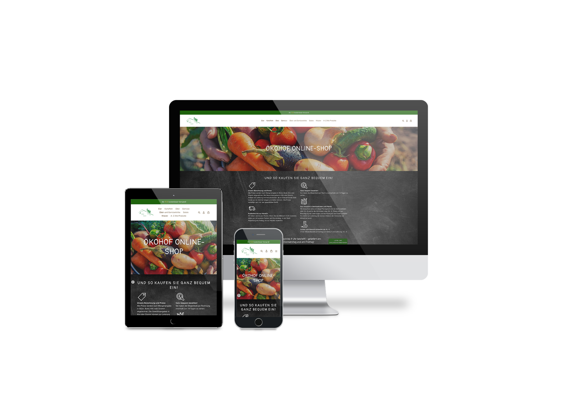 Ein Computer, ein Tablet und ein Mobiltelefon, auf dem eine Website angezeigt wird.