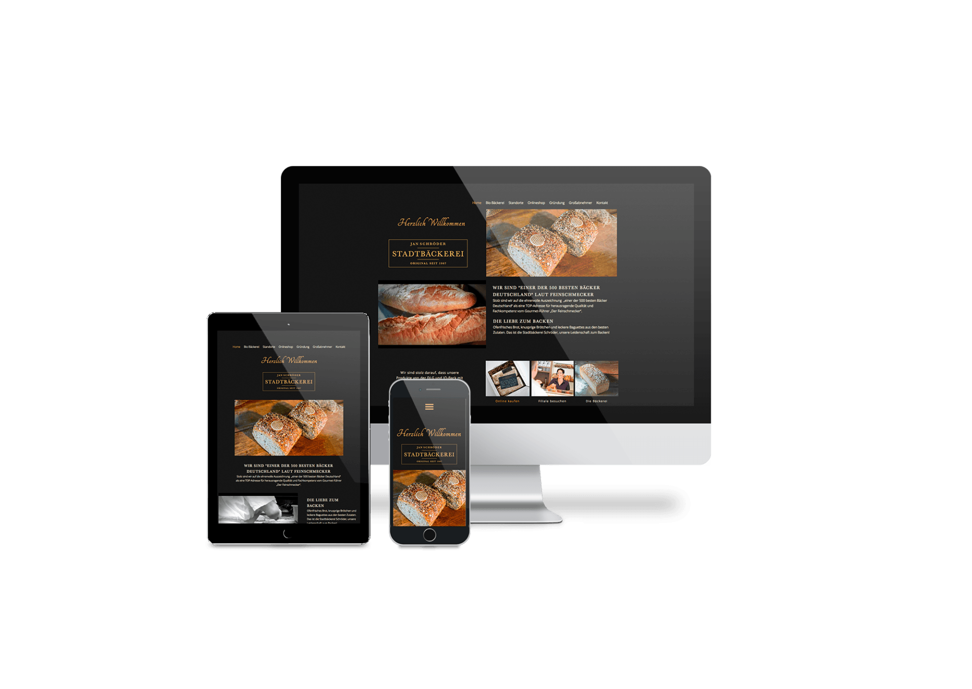 Ein Computer, ein Tablet und ein Mobiltelefon auf einem weißen Hintergrund.