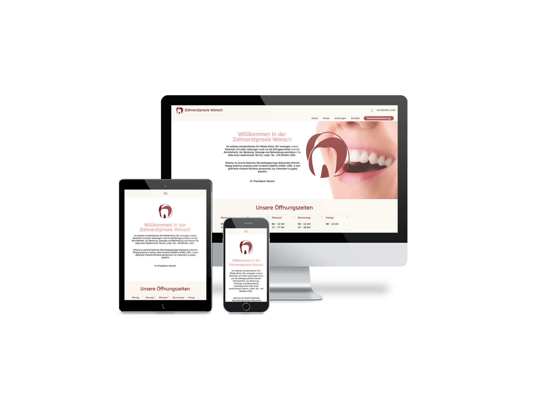 Auf einem Computer, einem Tablet und einem Mobiltelefon wird eine Zahnarzt-Website angezeigt.