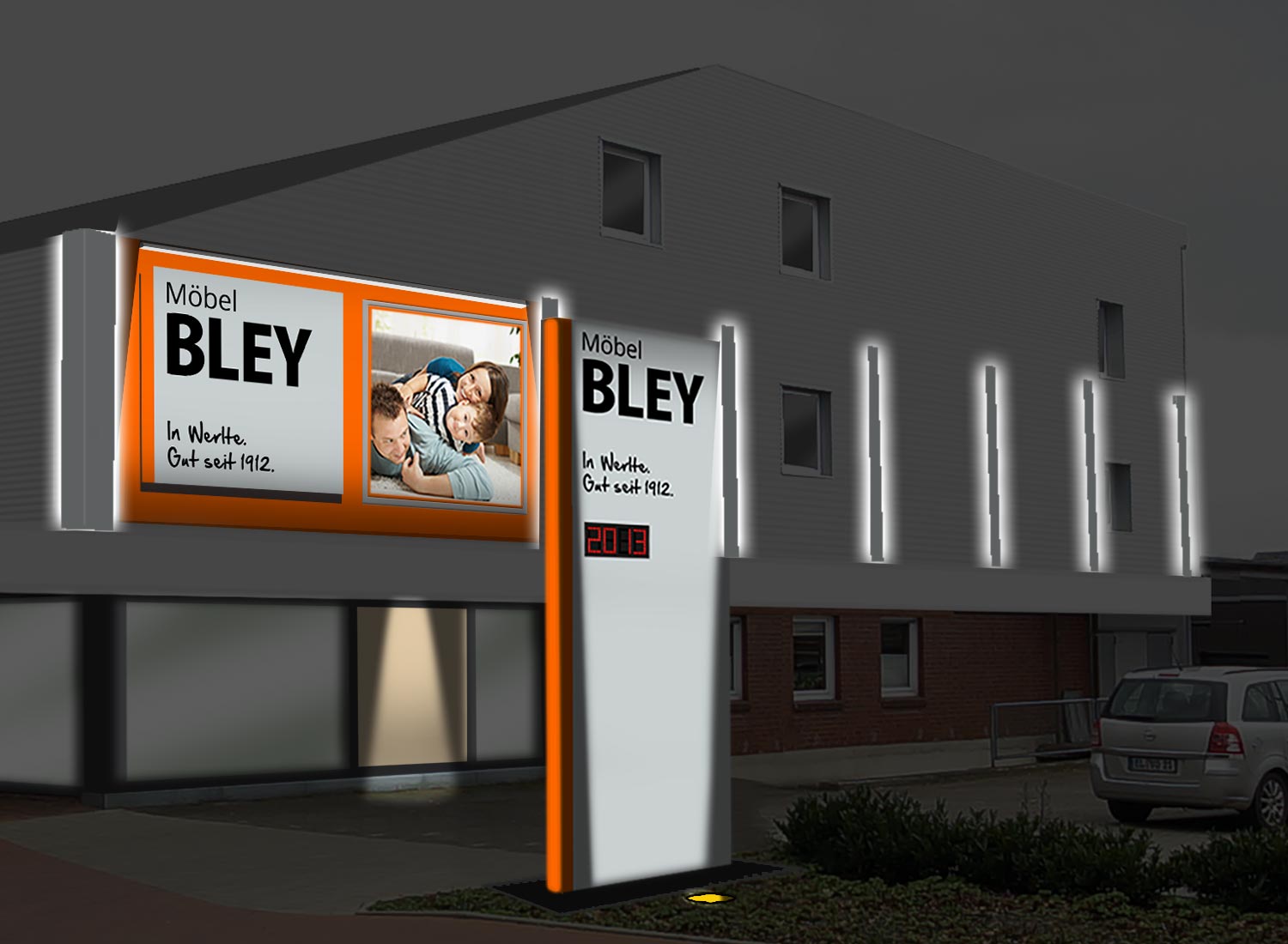 Ein Gebäude mit einem Schild mit der Aufschrift „Bley“ darauf