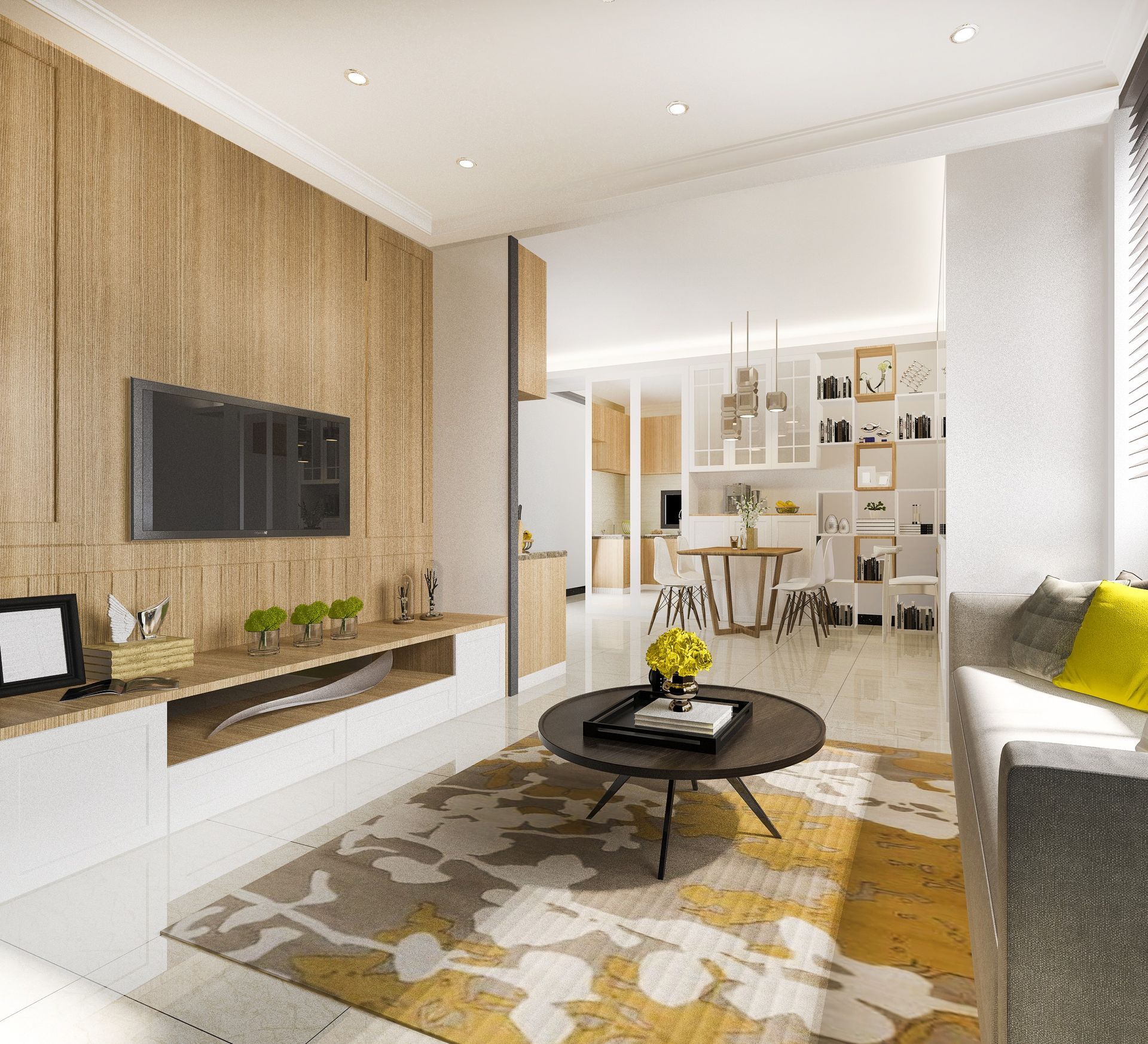 Living room with wooden accent wall, TV, couch, coffee table, and rug.