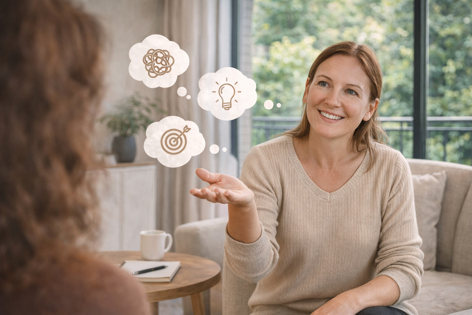Vrouwelijke coach in gesprek met cliënt over mindset en veranderen in een rustige omgeving