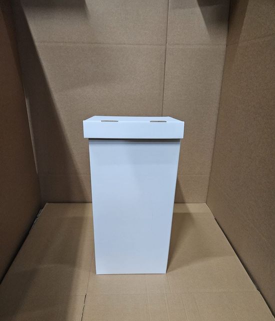 Urna elettorale rettangolare bianca con coperchio, in una scatola di cartone.