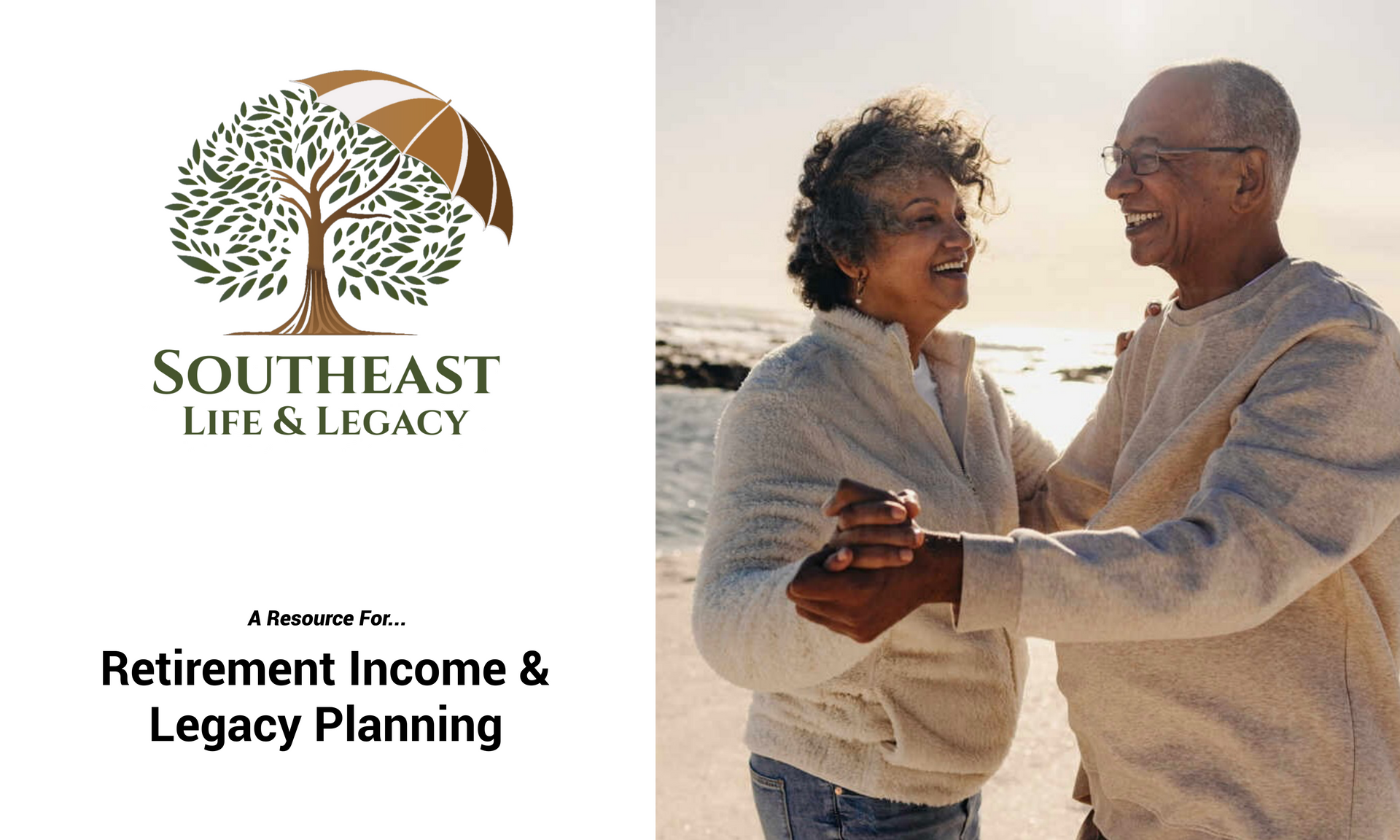 A man and woman are dancing on the beach next to a southeast life & legacy logo.