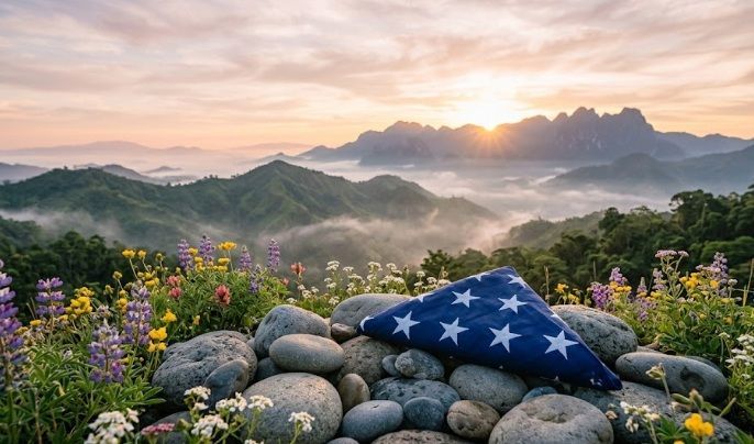 Folded American flag on stones with mountain sunrise at cremation memorial in Cartersville, GA