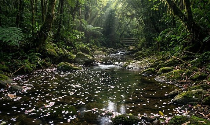 Peaceful forest stream with flower petals during a cremation memorial in Acworth, GA