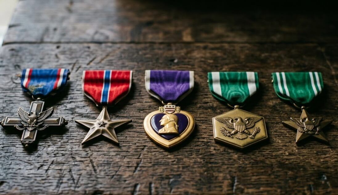 Military medals displayed on wooden surface, cremation services in Cartersville, GA