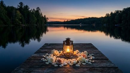 Lantern and white roses on dock at sunset lake, cremation services in Kennesaw GA