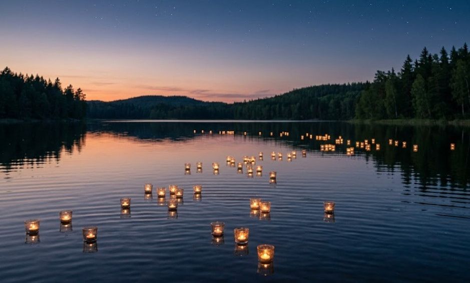 Floating candles on calm lake at dusk, peaceful memorial scene, funeral homes in Acworth GA