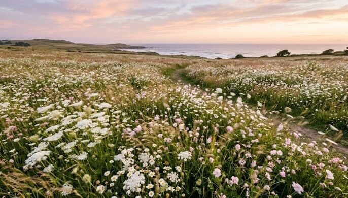 Wildflower meadow overlooking the coastline at sunset near Cartersville, GA