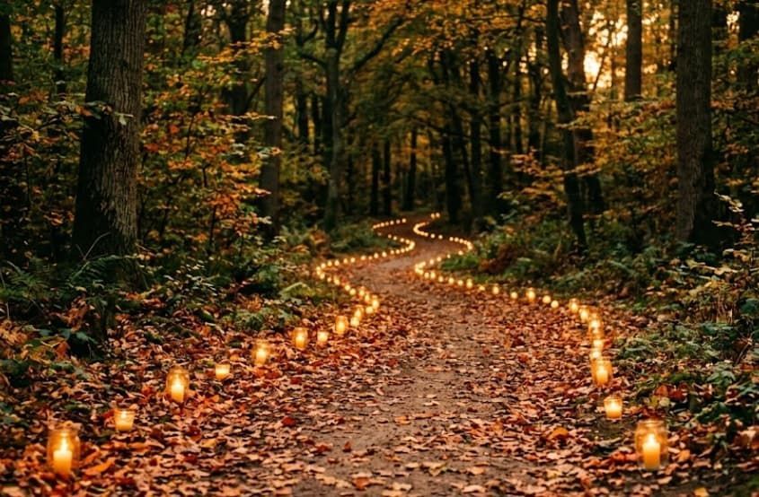 Candlelit forest path with autumn leaves, peaceful memorial setting, funeral homes in Kennesaw GA