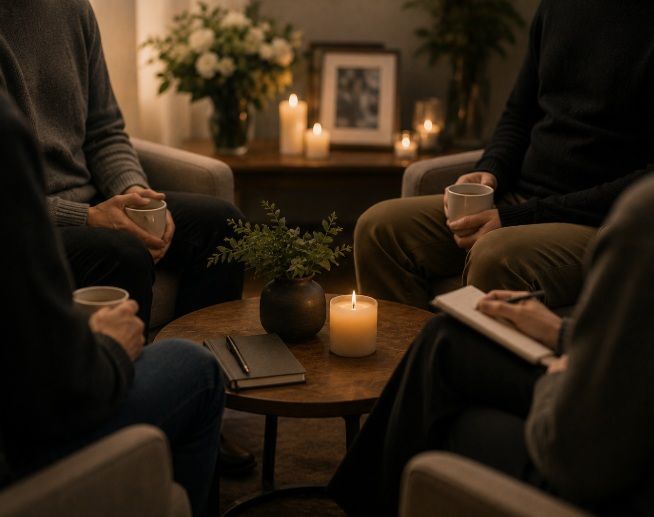 People gathered in a candlelit support group during a memorial gathering in Acworth, GA