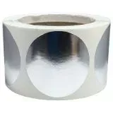 A roll of silver foil stickers with a hole in the middle.