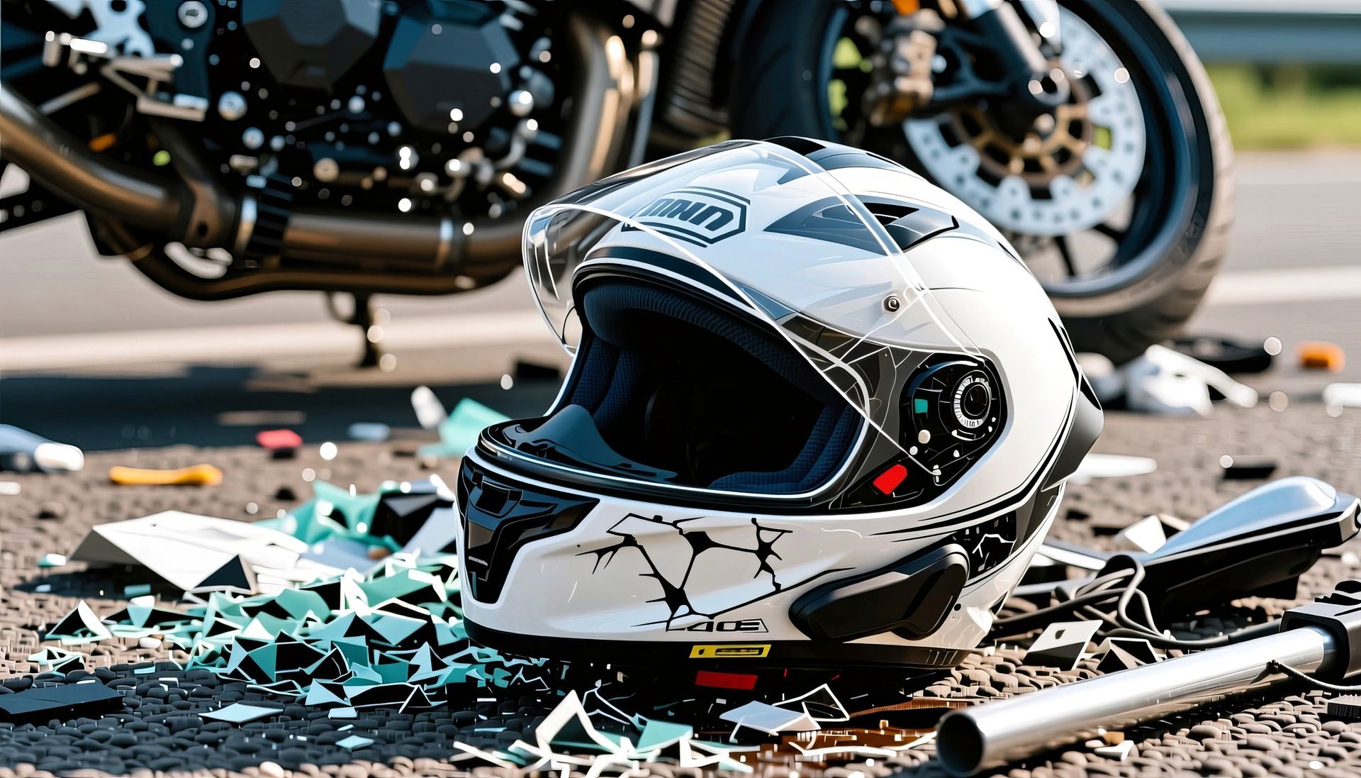 Motorcycle helmet on pavement with debris, motorcycle in background, accident scene.