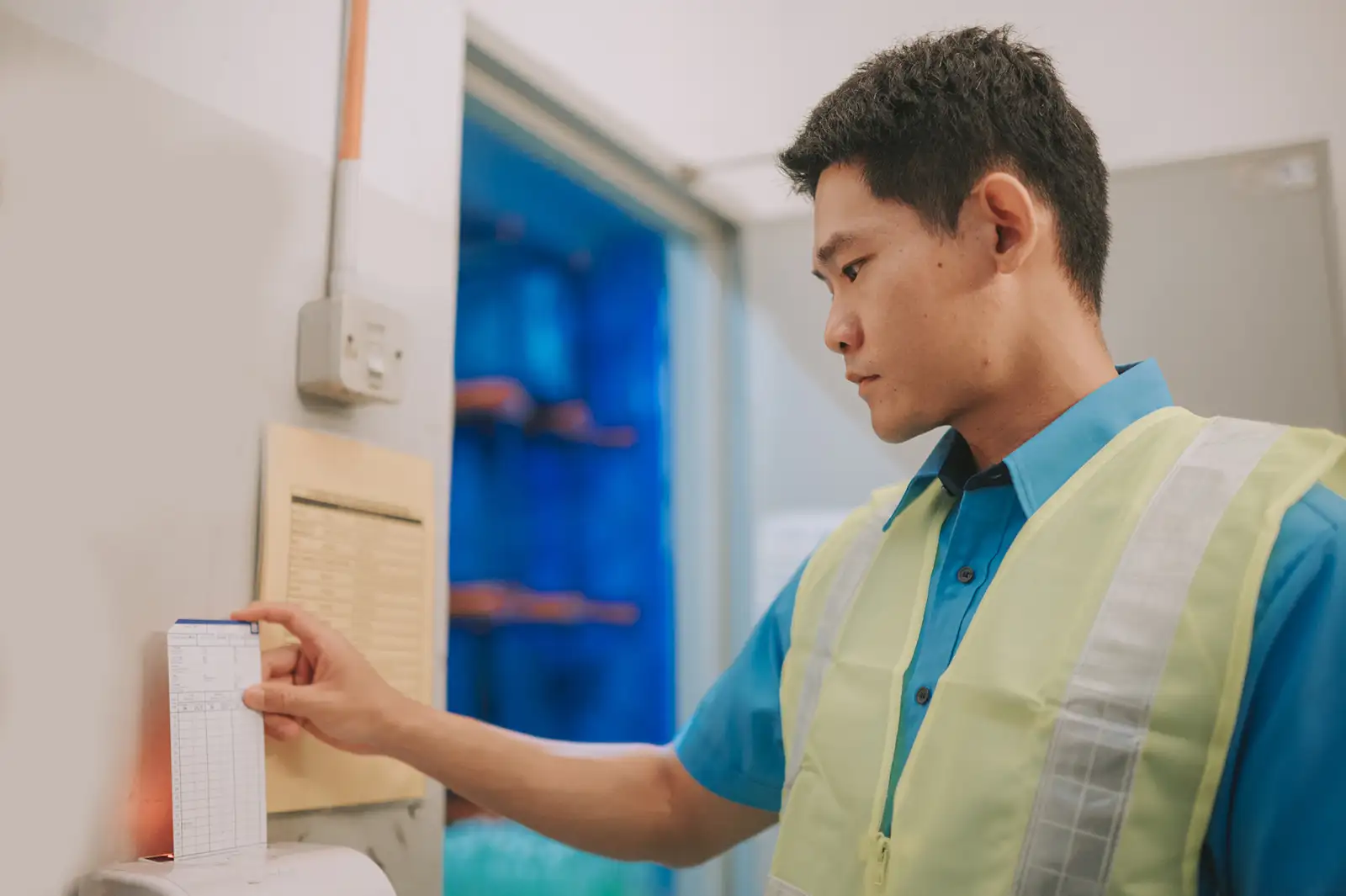 Man in blue shirt and yellow vest scanning a card at a wall-mounted device.