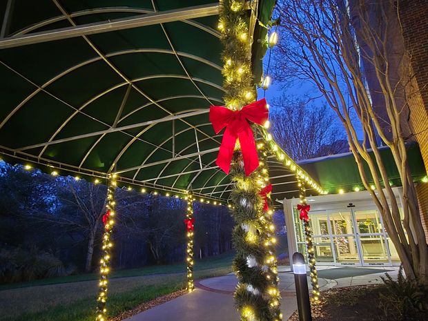 Green awning decorated with Christmas lights and red bows. Entrance lit up at dusk.