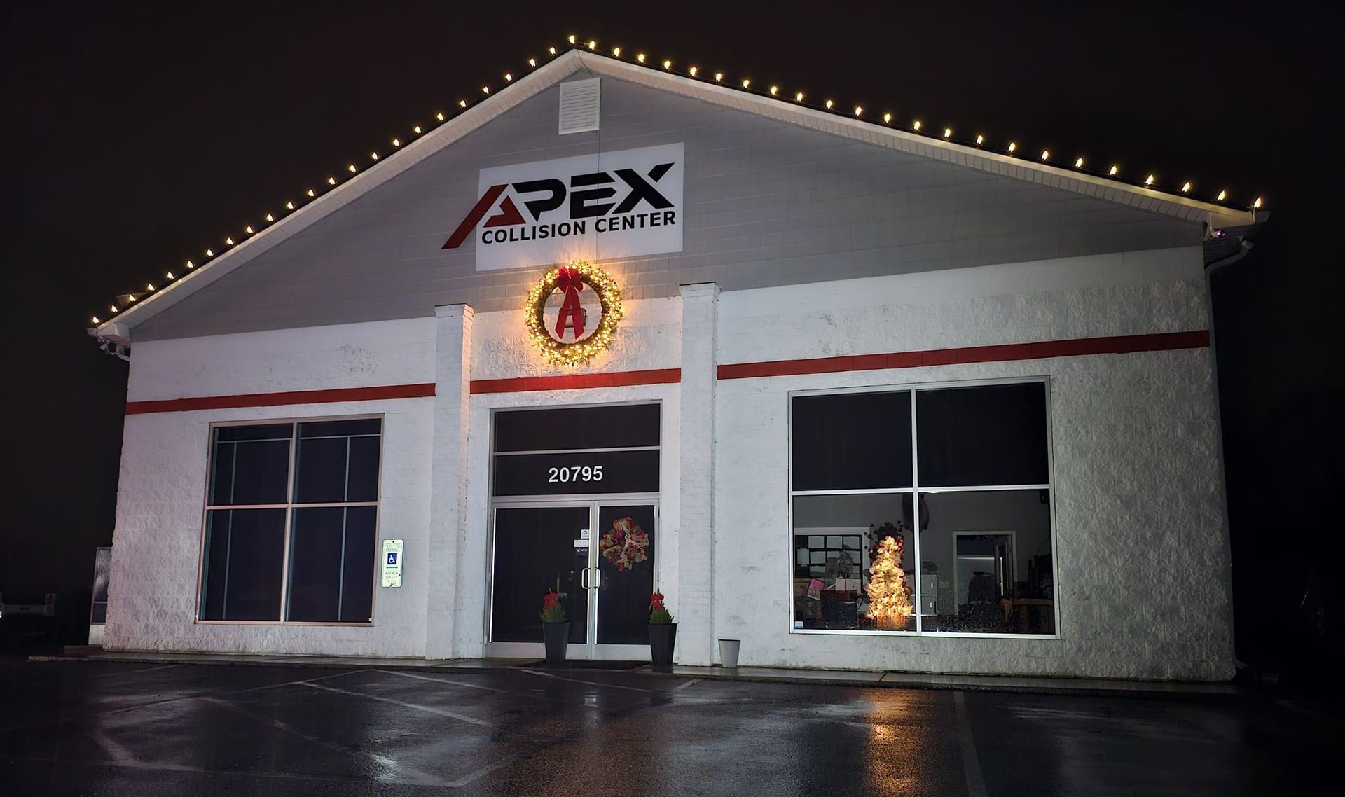 Building lit up at night with 