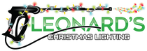 Leonard's Christmas Lighting logo, a wreath of greenery with decorations, phone number, and website on black.