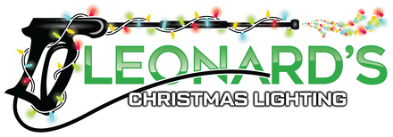 Leonard's Christmas Lighting advertisement in wreath with phone number and website on black background.
