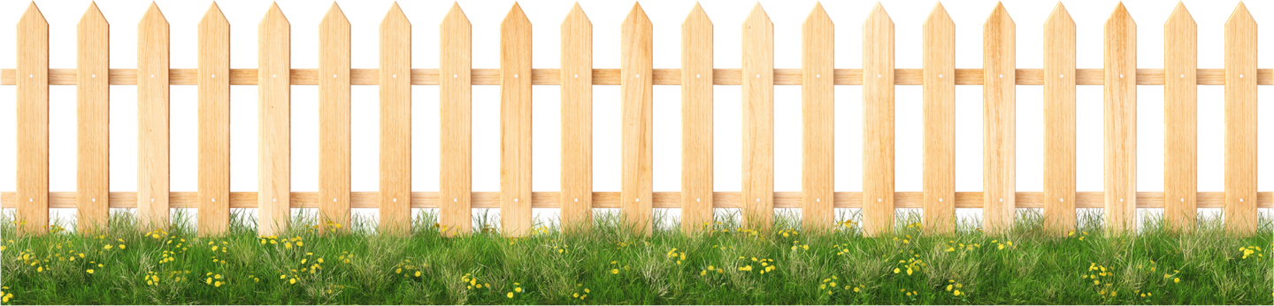 A wooden picket fence with grass in front of it on a white background.