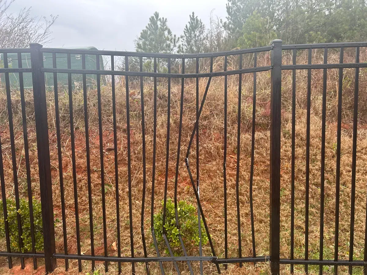 A black metal fence is surrounded by dry grass and trees.