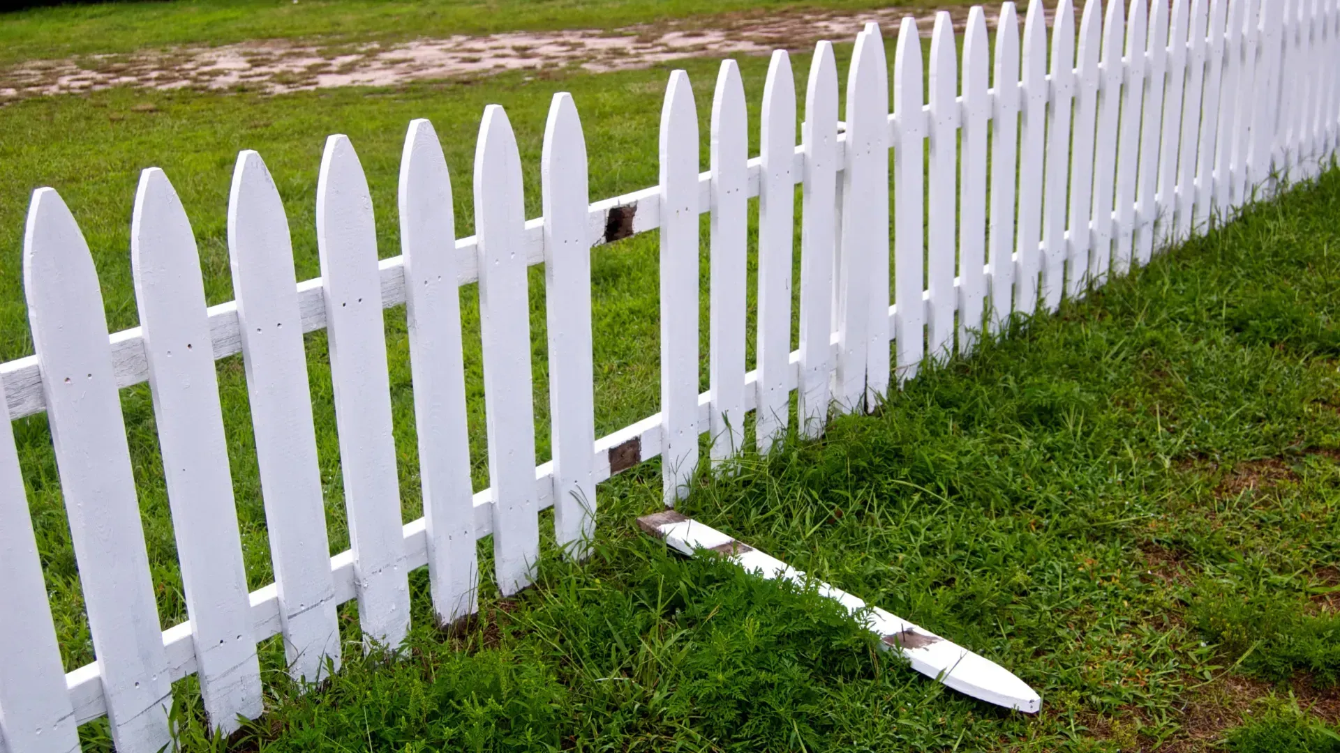 A white picket fence is sitting in the middle of a lush green field.