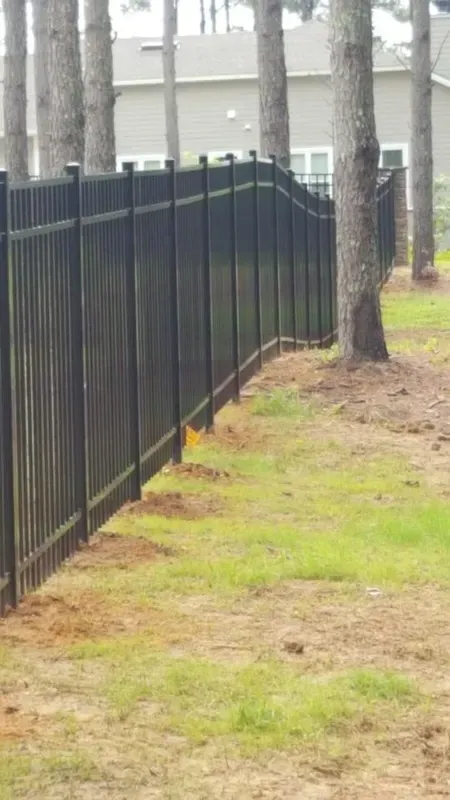 A black fence is surrounded by trees in a yard.