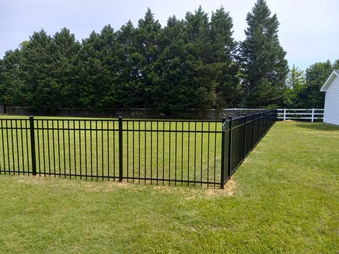 A black metal fence surrounds a lush green field.