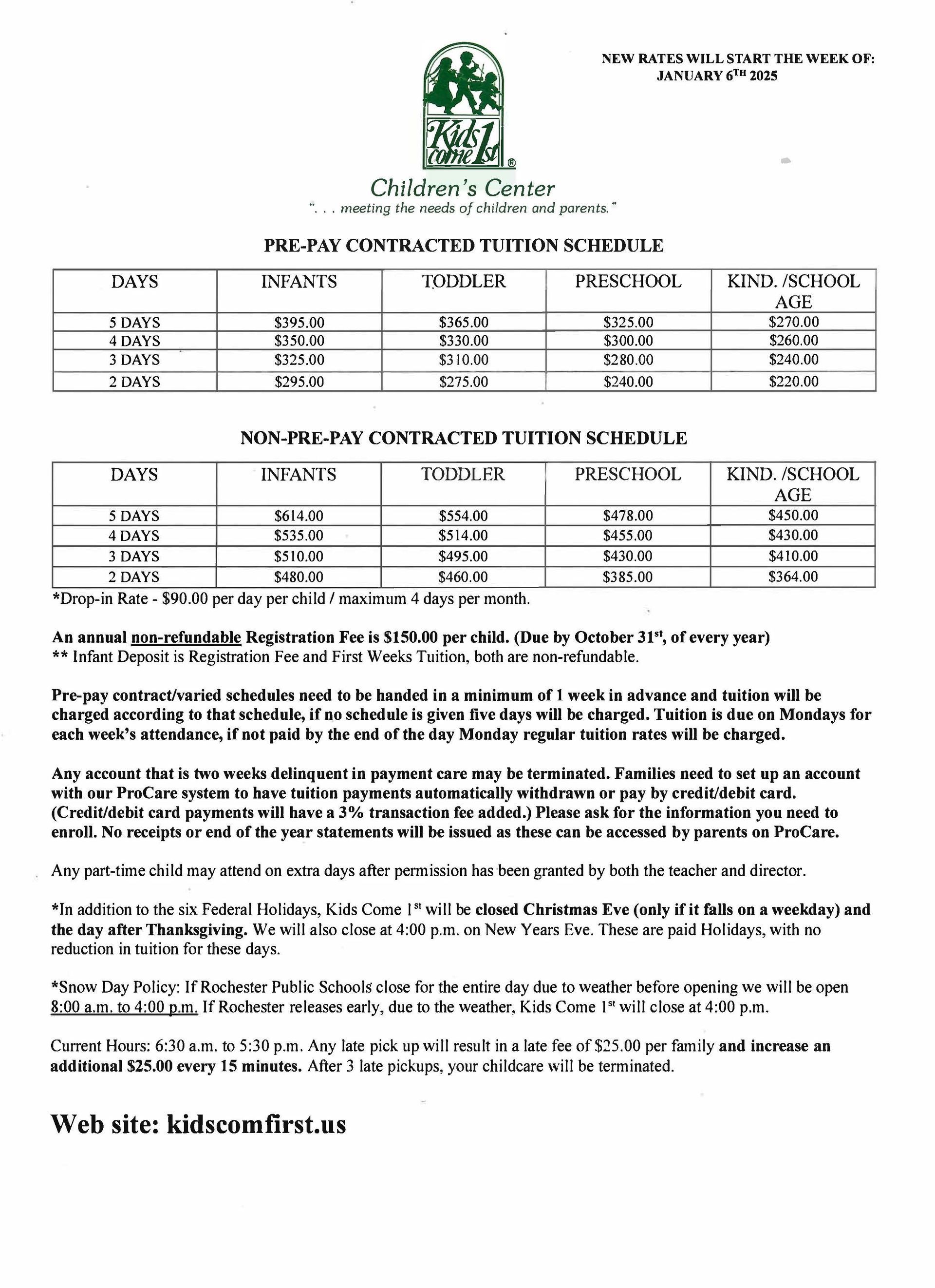 Tuition Schedule 2023 Page 1 — Rochester, MN — Kids Come 1st Children's Centers