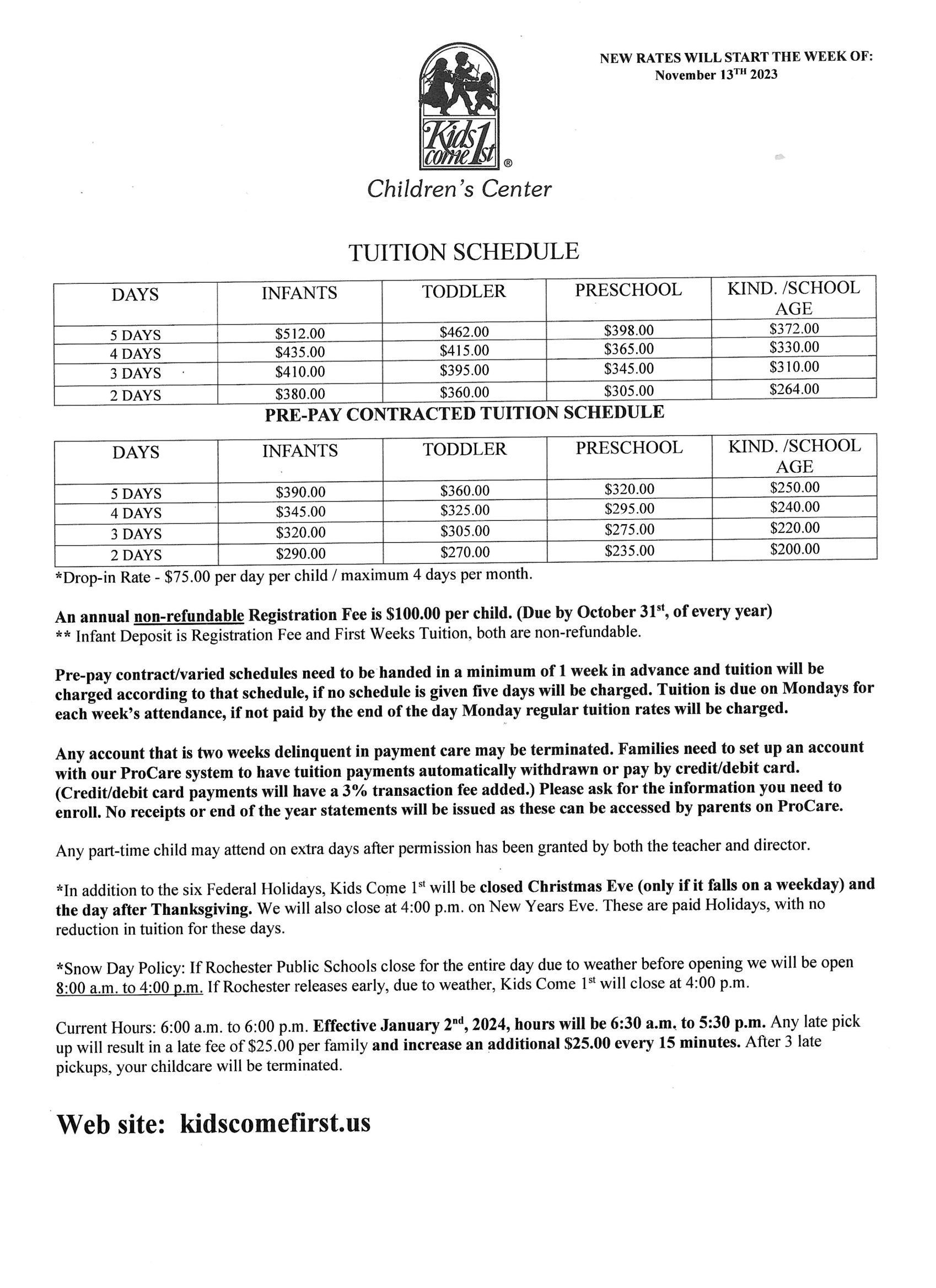 Tuition Schedule 2023 Page 1 — Rochester, MN — Kids Come 1st Children's Centers