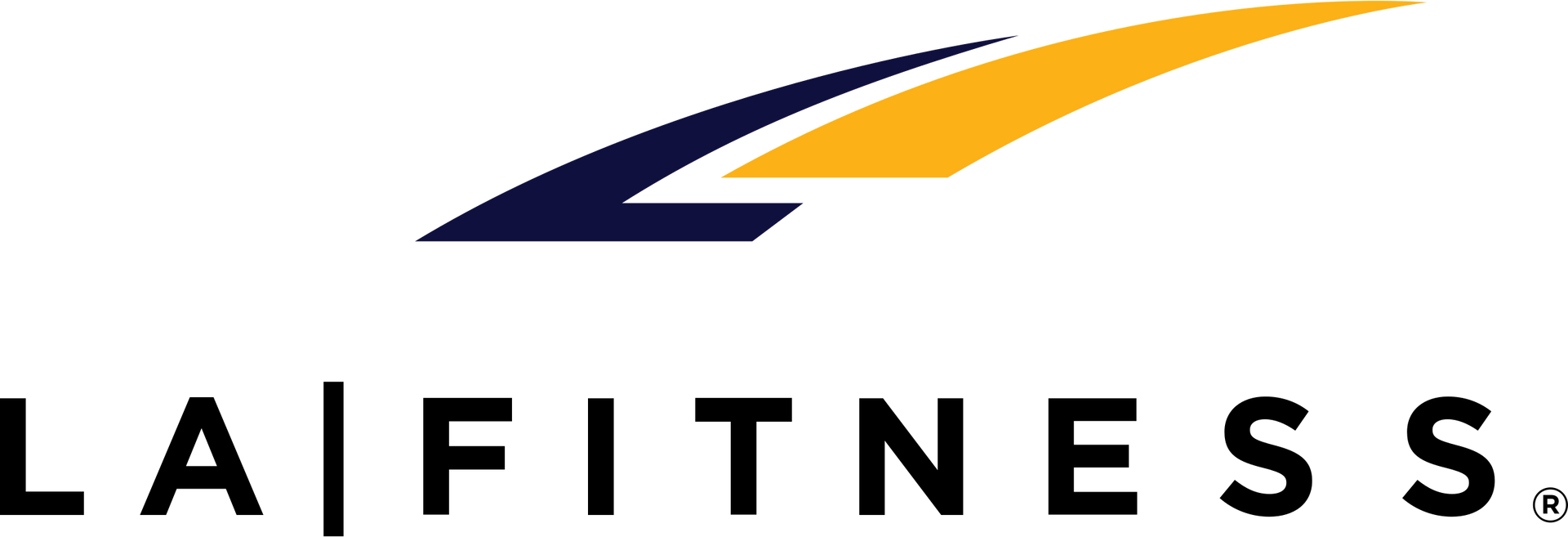 A logo for la fitness with a blue and yellow arrow