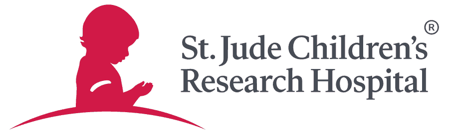 The logo for st. jude children 's research hospital shows a silhouette of a child sitting on a hill.