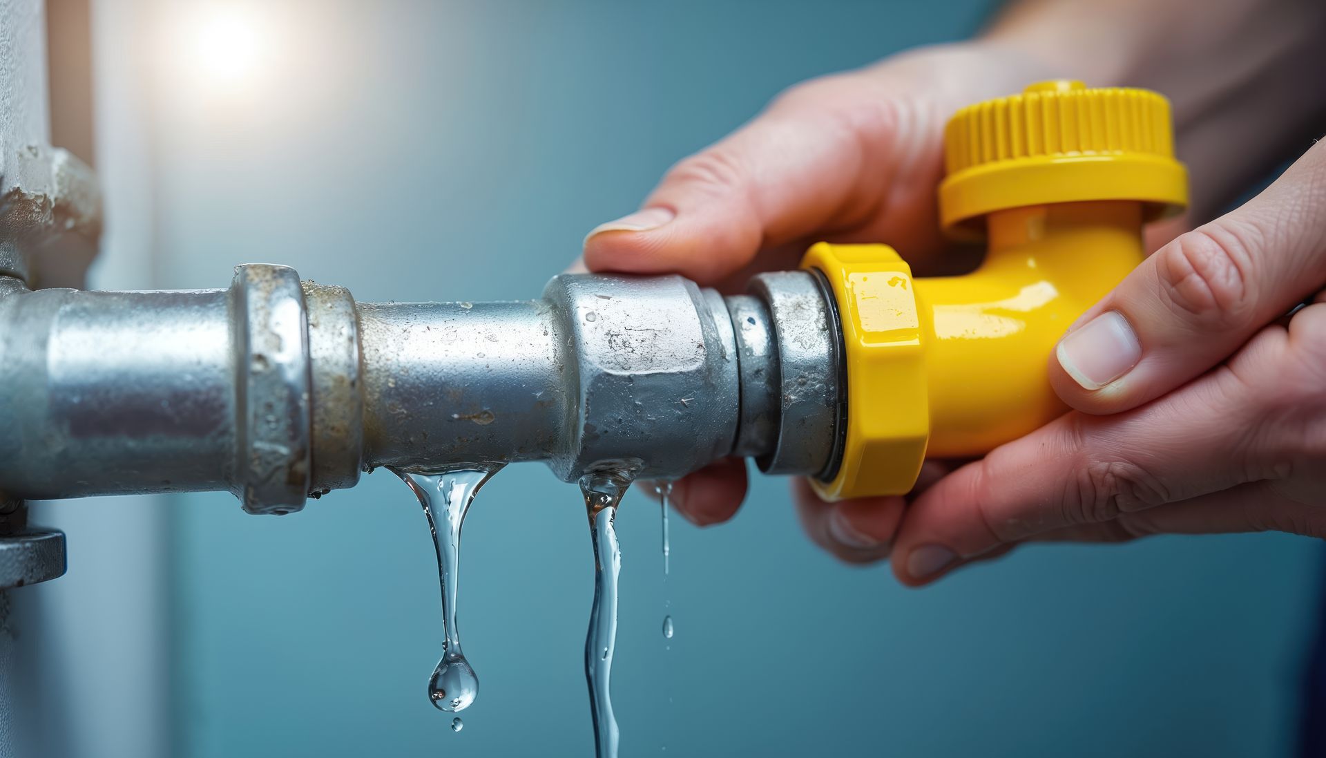 Hands of a commercial plumber repairing a leaking pipe with a yellow valve.