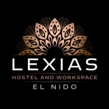A logo for lexias our hostel rocks with a hand holding a guitar