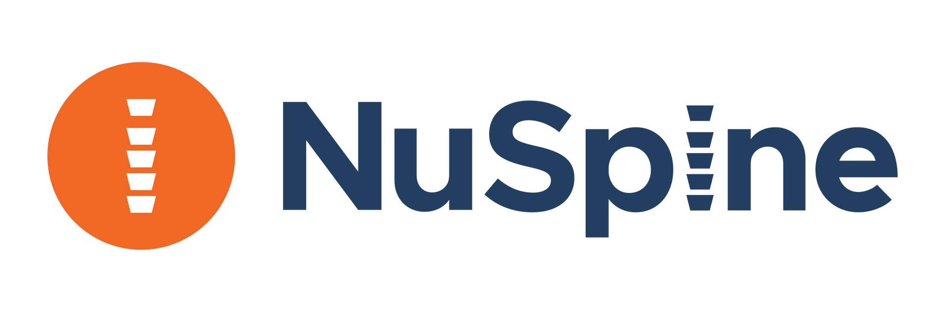 The logo for nuspine is a blue and orange logo with a circle in the middle.