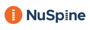 The logo for nuspine is a blue and orange logo with a circle in the middle.