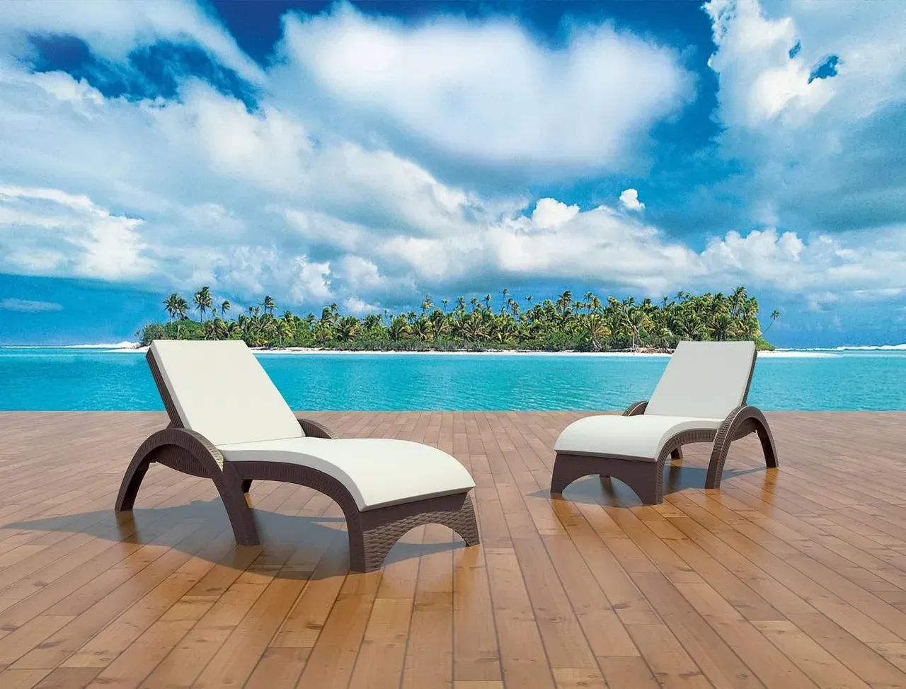 Two Lounge Chairs Are Sitting on A Wooden Deck Next to A Swimming Pool — Creative Commercial Furniture in Byron Bay, QLD