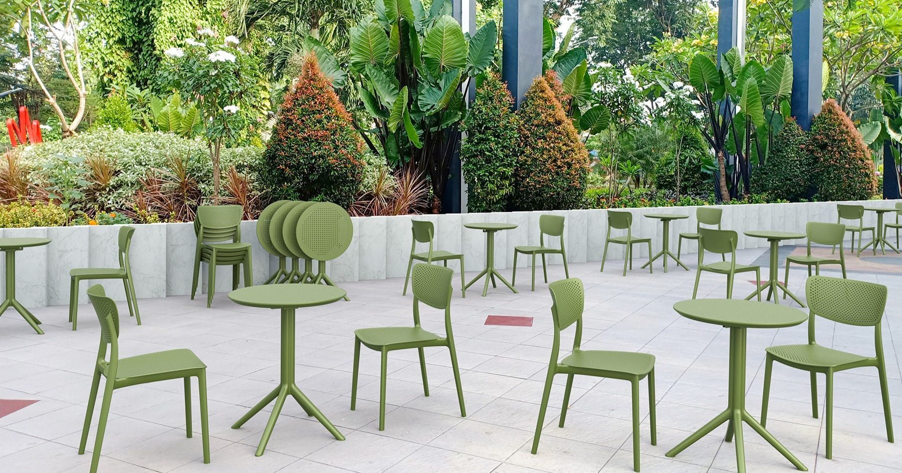 Row of Green Chairs and Tables in a Park — Creative Commercial Furniture in Byron Bay, QLD