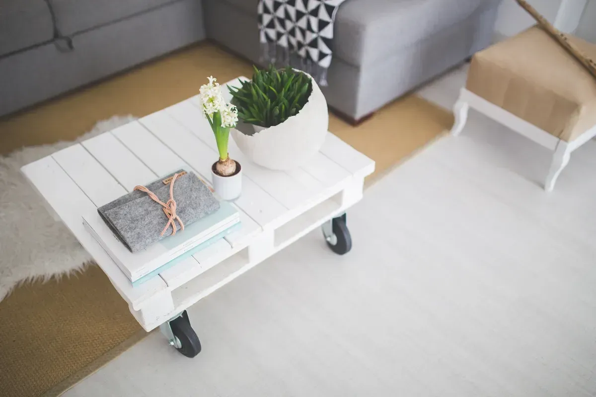 White Pallet Coffee Table With Books, Plants, and a Rug in a Living Room — Creative Commercial Furniture in Cairns City, QLD