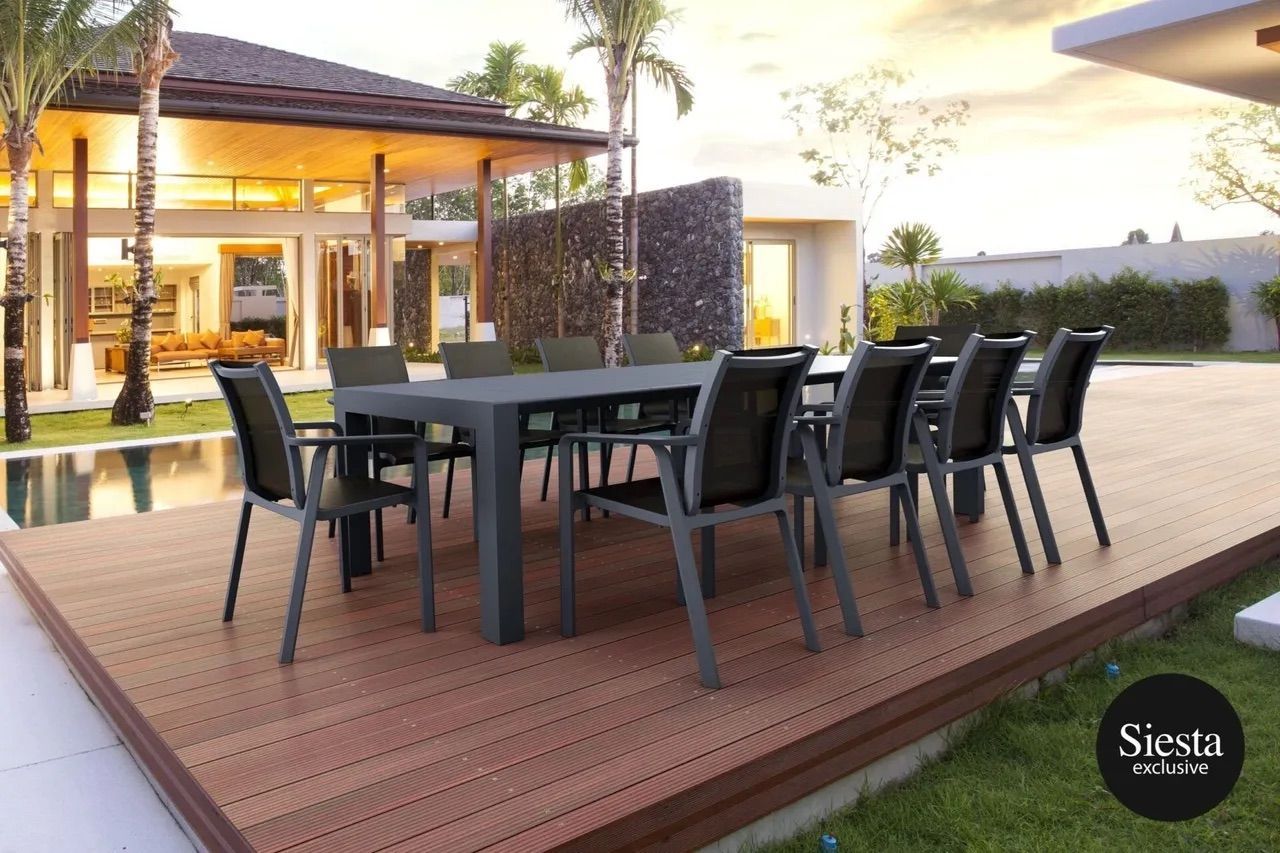 A Table and Chairs on a Deck With Siesta Written on the Bottom β Creative Commercial Furniture in Cairns City, QLD