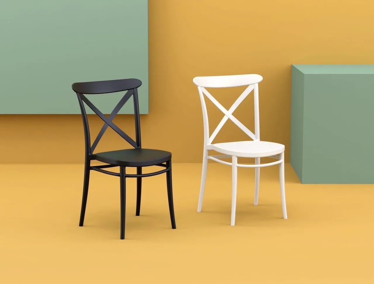 A Black and White Chair Are Sitting Next to Each Other on a Yellow Floor — Creative Commercial Furniture in Cairns City, QLD 