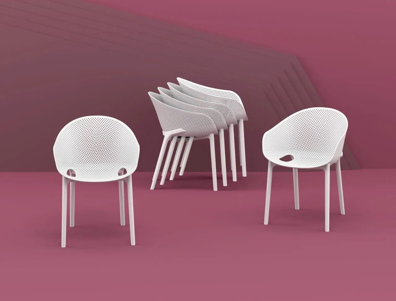 Three White Chairs Are Stacked on Top of Each Other on a Pink Background β Creative Commercial Furniture in Cairns City, QLD