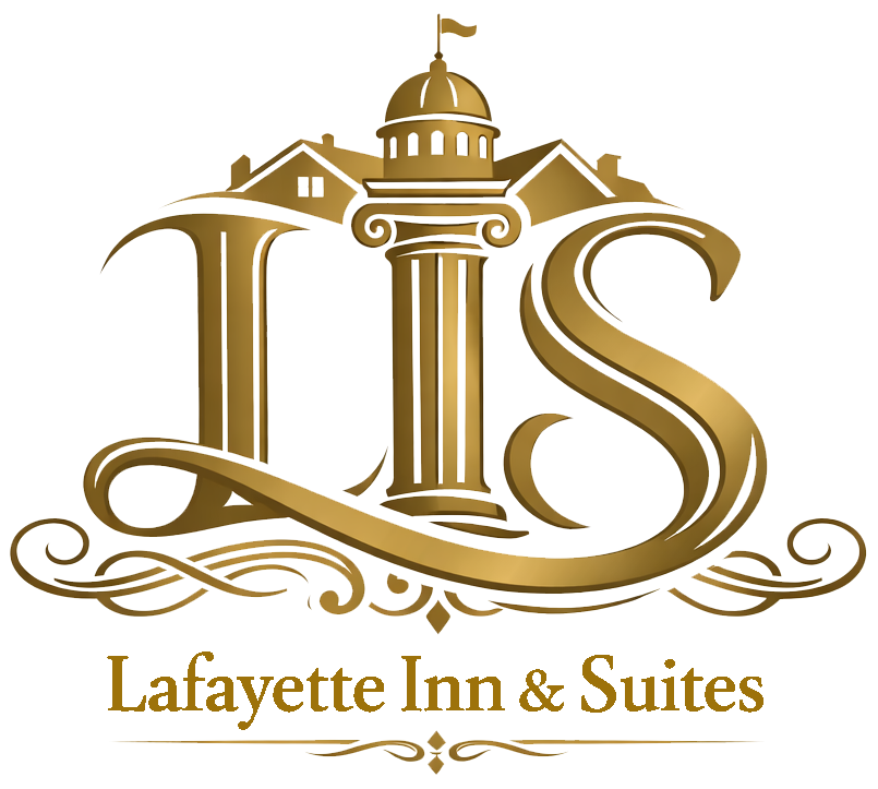 Gold logo: "LIS" initials with building and "Lafayette Inn & Suites" text.