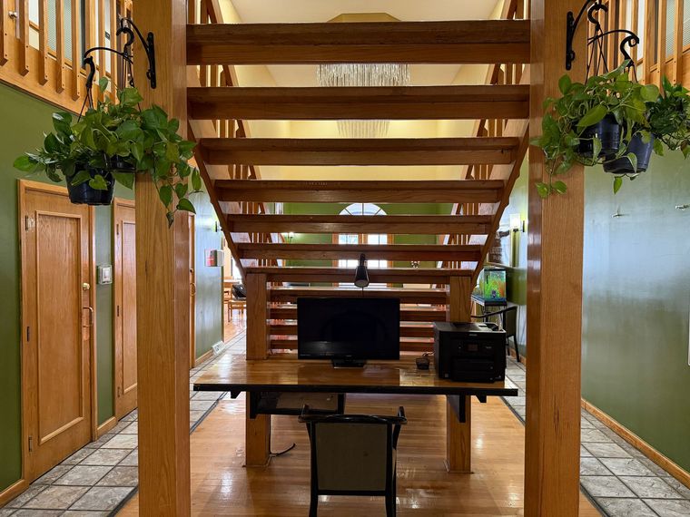 Wooden staircase with office setup underneath, plants hanging on either side, green walls.