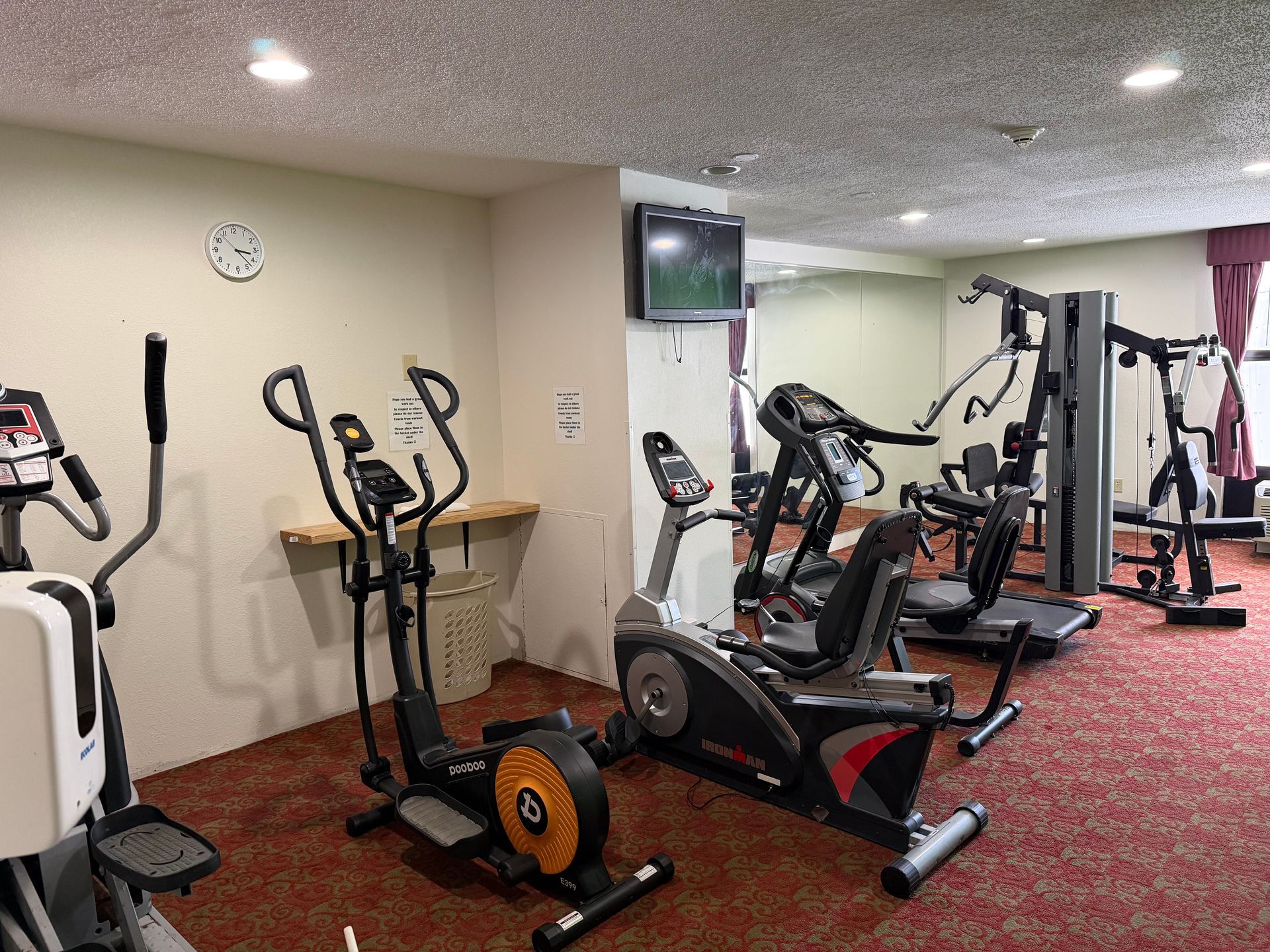 Gym interior with cardio and weight machines on a red patterned carpet. A small television is mounted on a wall.