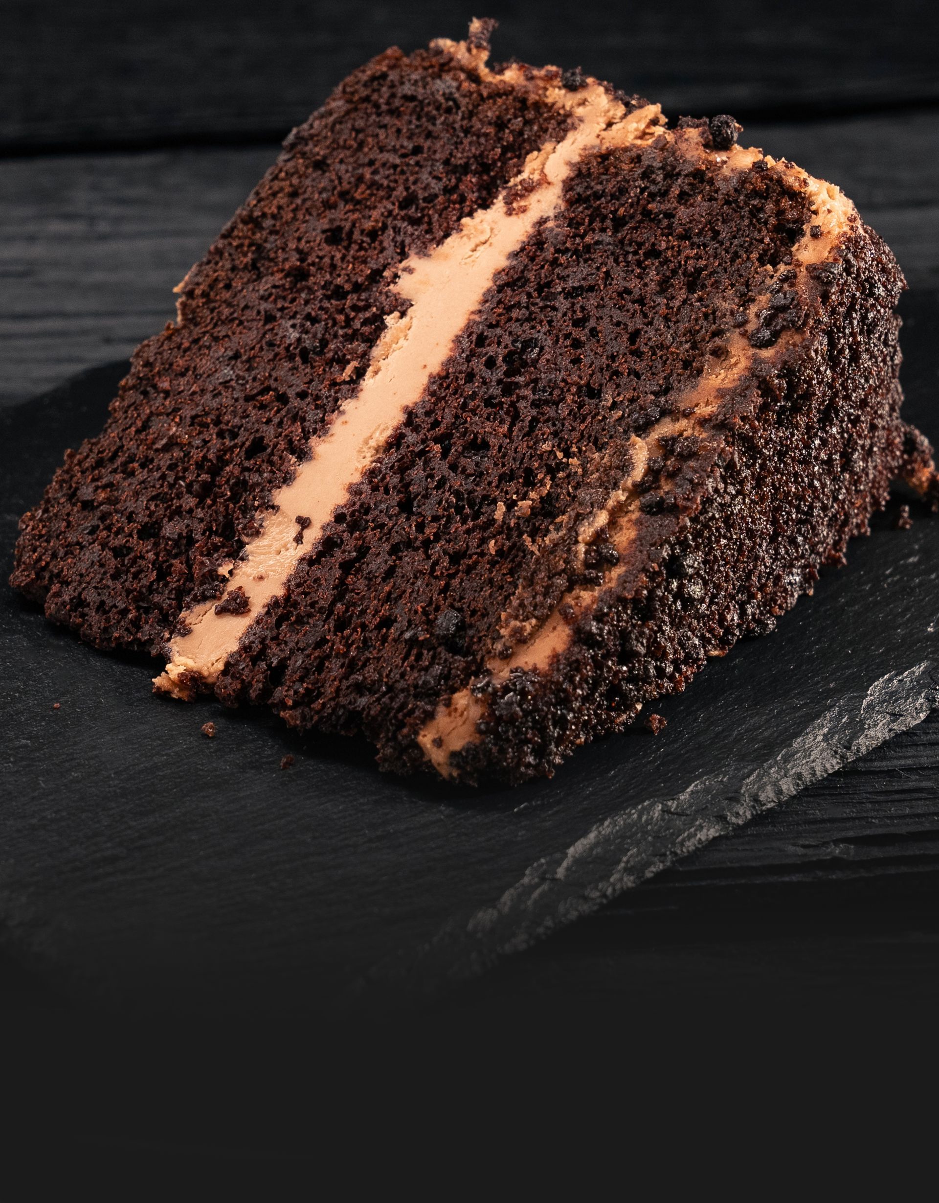 Rich and moist chocolate cake slice, layered with decadent chocolate frosting.